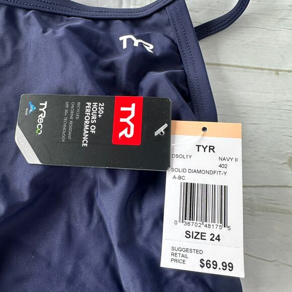NWT TYR Sport Girls' Solid Durafast Diamondback Swim Suit Navy Size 24 - Picture 5 of 9